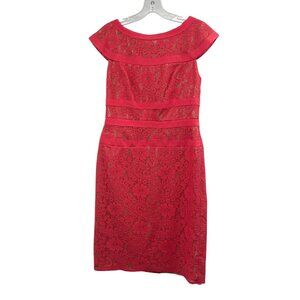 Adrianna Papell Womens Lace Sheath Dress Short Sleeve Coral/Nude Size 4